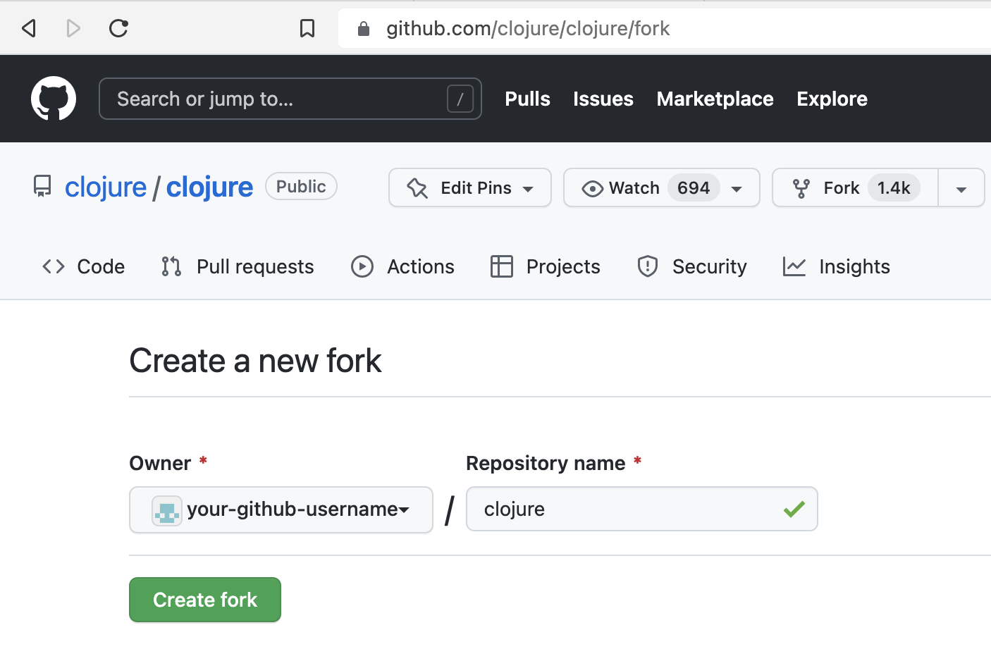 A prompt to create a fork of the Clojure repository in the your-github-username user.